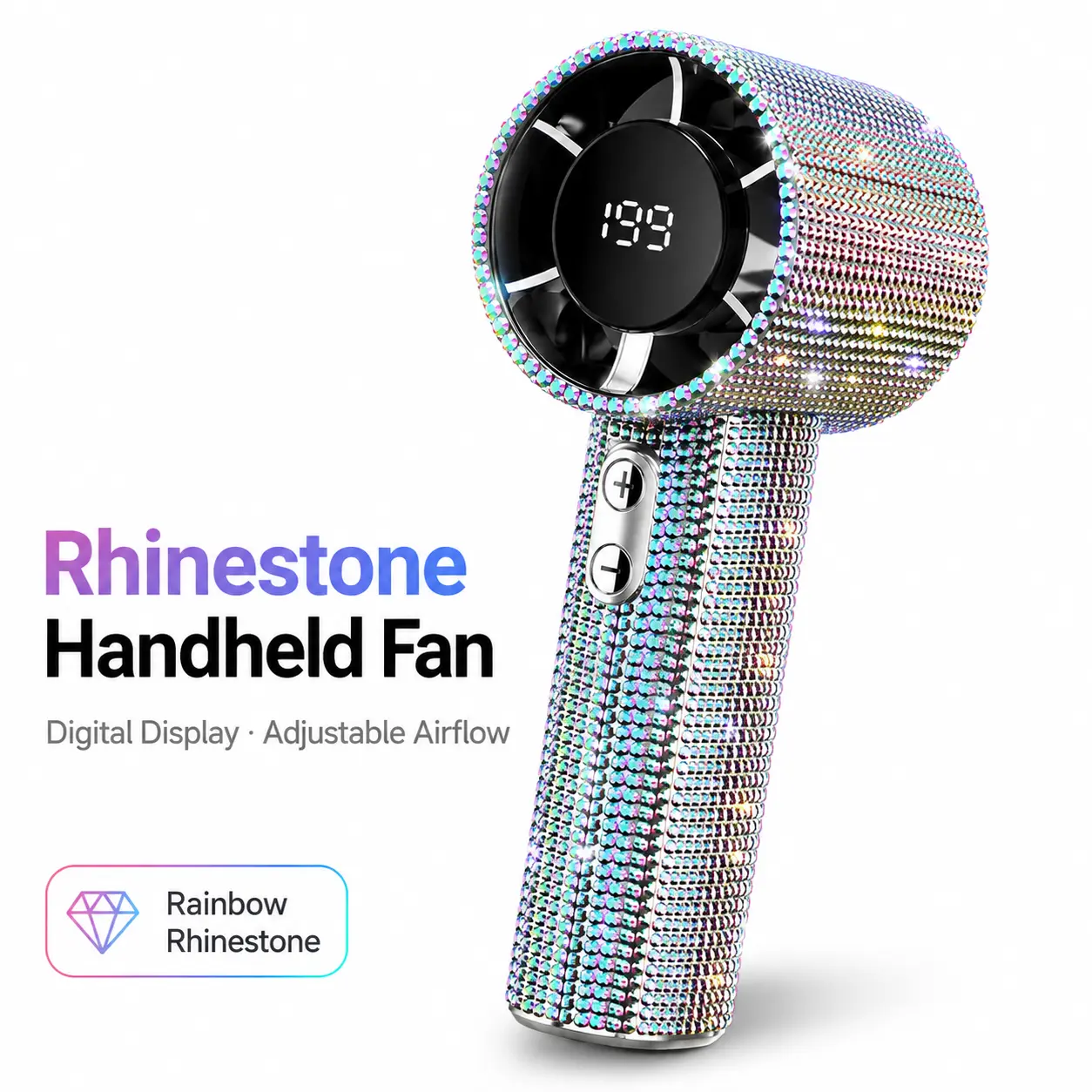 Rhinestone Handheld Fan with Digital Display and Adjustable Airflow Rainbow Rhinestone Design for Personal Cooling