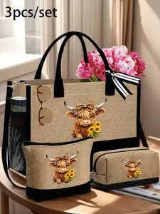 This adorable Highland cow-themed tote bag set includes a tote bag and a black coin purse, featuring a bow and leopard print design, a linen shopping bag, and a calf-patterned dinner bag. Perfect for vacations, work, and commuting.