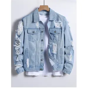 Minimalist Casual Men's Denim Jacket Heavy-duty Washed Irregular Perforated Loose Fit Lapel Design Single-row Button Open Front Fashionable Trendy