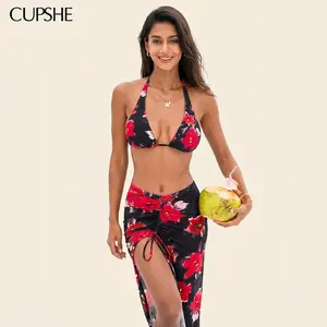 CUPSHE Last Spring Floral Plunging Neckline Halter Straps High-cut Leg 3-Piece Bikini Set Swimsuit Summer Beach Holiday 2026#tiktokshopmemorialday