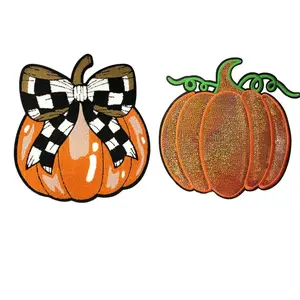 Cute Pumpkin Shape Patch Embroidery Design with 2 Styles, Checkered Bow & Glitter Version for Halloween, DIY Costume Decoration Embellishment