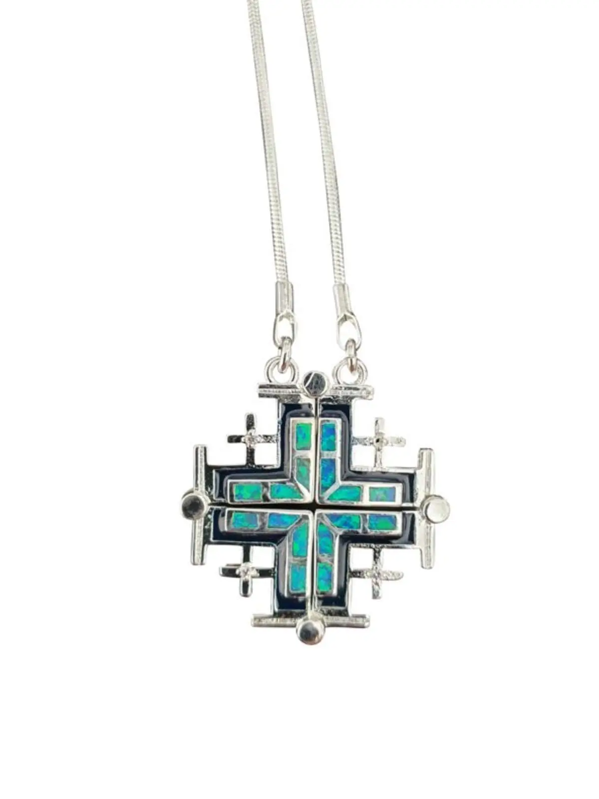 Bethlehem Gifts TM Jerusalem Cross Open Pendant Necklace Silver Plated Opal