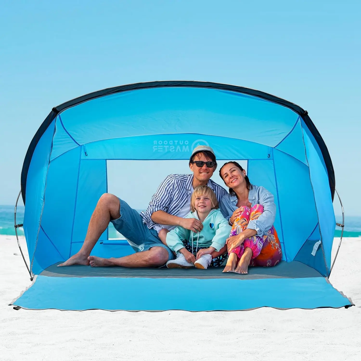 OutdoorMaster Polyester Beach Tent - 3-4 Person Circular Compact Fold UV Blocking UPF 50+ Sun Shelter for Family Camping, Blue