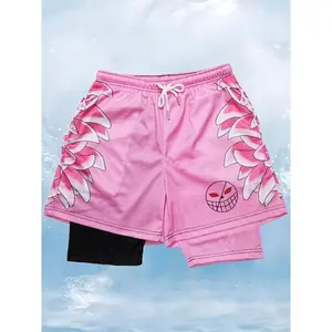 Men's Colorblock & Cartoon Print Drawstring Waist 2 in 1 Sports Shorts, Streetwear Sports Shorts, Gym Shorts, Regular Fit Sporty Pocket Quick Drying Breathable Track Bottoms, Men's Sports Clothes for Summer