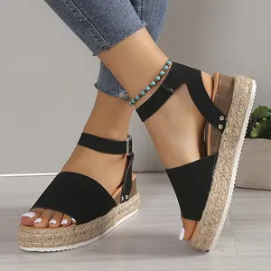 Elegant Women's Black Espadrille Wedge Sandals - Open Toe with Ankle Strap, Thick Sole for Comfort, Comfortable Walking|Stylish Espradrilles  Footwear Shoe Girl