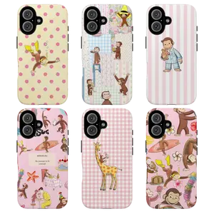 Cute Cartoon Monkey Tough Phone Case, Curious Georgeee, Fun Pink Animal Design Protective Phone Cover for Girls & Kids, Protective Cover, Pink Tone Case iphone 14 promax