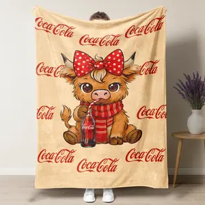 Coco-Cola Highland Cow Leopard Print Bow Cute Pattern Blanket, Coco-Cola Soft Throw Blanket, Warm Nap Blanket for Home Office Travel Camping,Best Christmas Gifts