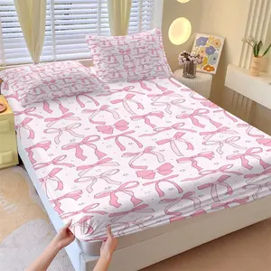 Pink Coquette Bow Print Fitted Sheet Set, 1 Fitted Sheet with 2 Pillowcases, Cute Pastel Bow Pattern Bedding for Bedroom, Dorm & Guest Room, Decor for Adults