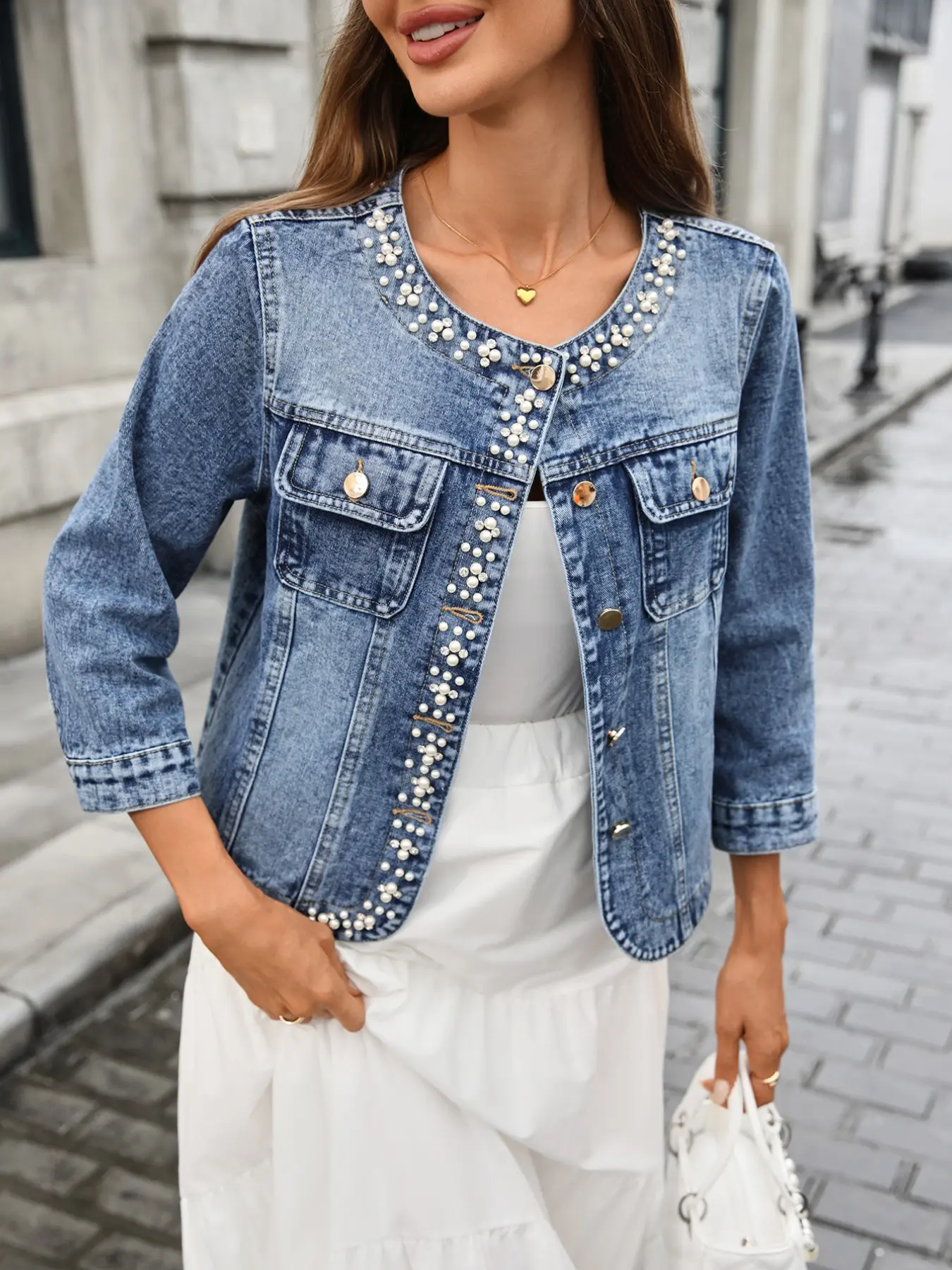 Women's Pearl Trim Short Loose Baggy Denim Jacket Coats, Three-Quarter Sleeve Round Neck Single Button Chest Pocket, Elegant Casual Outerwear