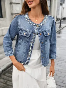 Women's Pearl Trim Short Loose Denim Jacket, Three-Quarter Sleeve Round Neck Single Button Chest Pocket, Elegant Casual Outerwear