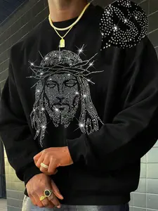 Men Women Fashion Spring Autumn Winter Fleece Round Neck Long Sleeve Fitted Sweatshirt, Rhinestone Design, Casual Daily Wear, Polyester Fiber Material, Fabric, Tops