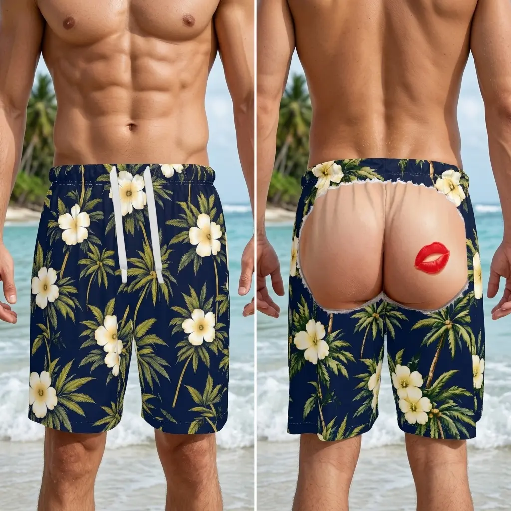 Navy Palm White Floral Funny Butt Lips Print Swim Trunks For Men, All Over Print Hawaiian Beach Shorts With Pockets, Drawstring Elastic Summer Board Shorts Ideal Holiday Gift Sizes 2XS-6XL