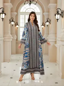 Women's Ramadan New Fabric Design Embroidered Maxi Dress Kaftan Robe Evening Gown Abaya Full Beaded Long Sleeve Loose Fit All Seasons
