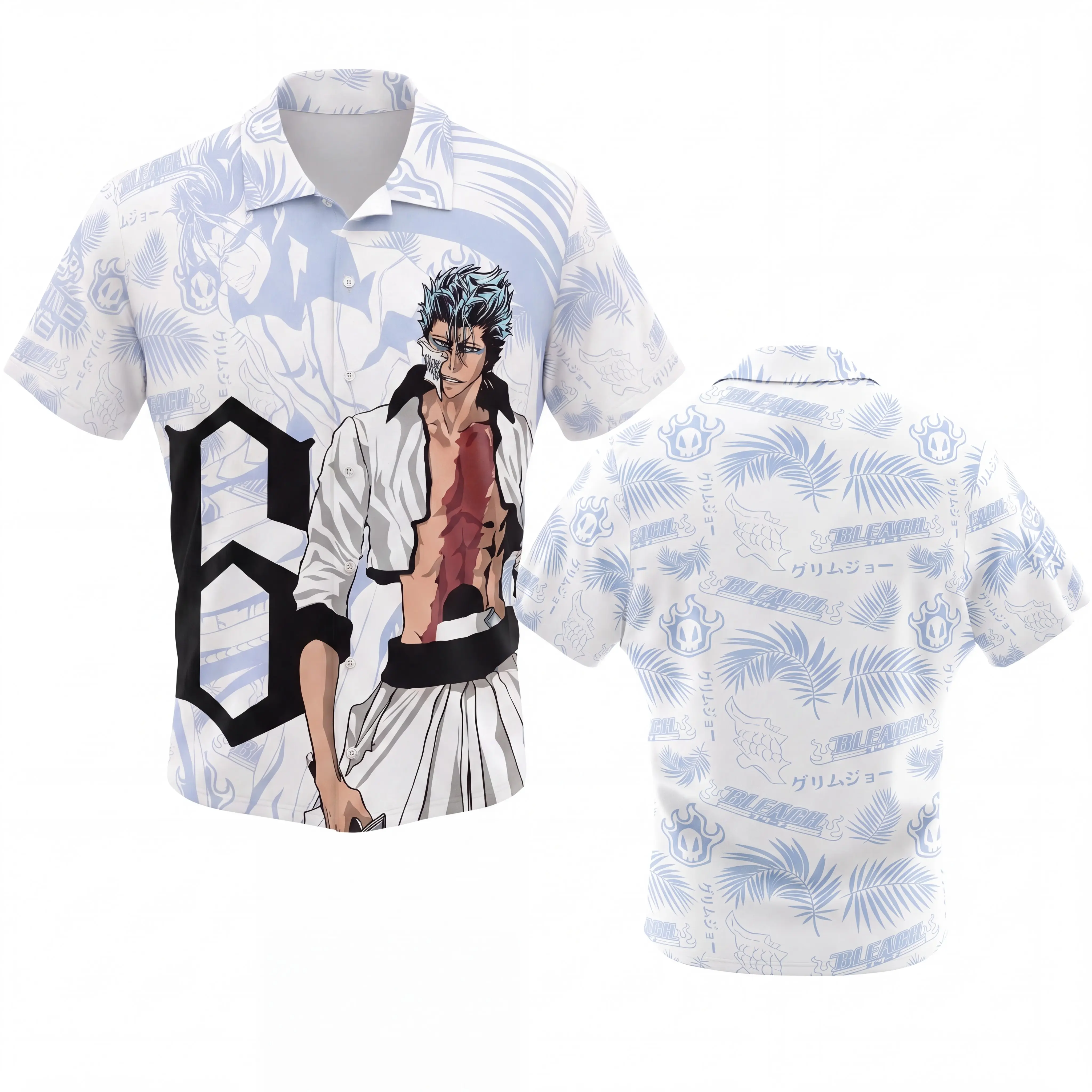 Bleach Grimmjow Espada 6 Hawaiian Shirt Men's Light Blue White Button Down Short Sleeve Sexta Espada Anime Graphic Summer Beach Shirt Soul Reaper Gamer Apparel