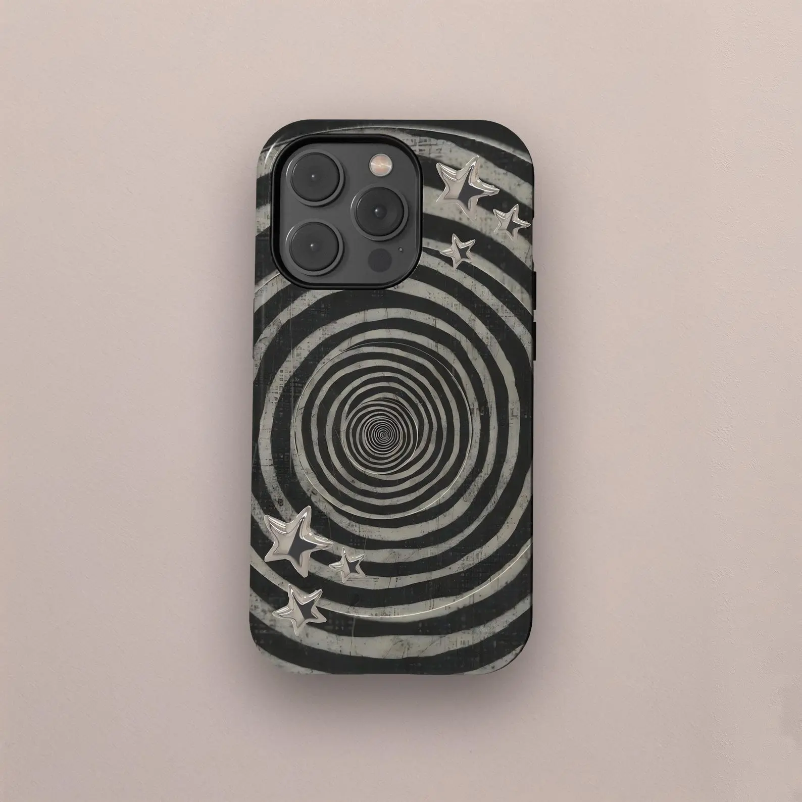 Black White Spiral Grunge Phone Case, Hypnotic Star Gothic Aesthetic Case, iPhone 17 16 15 14 13 12 11 Pro Max