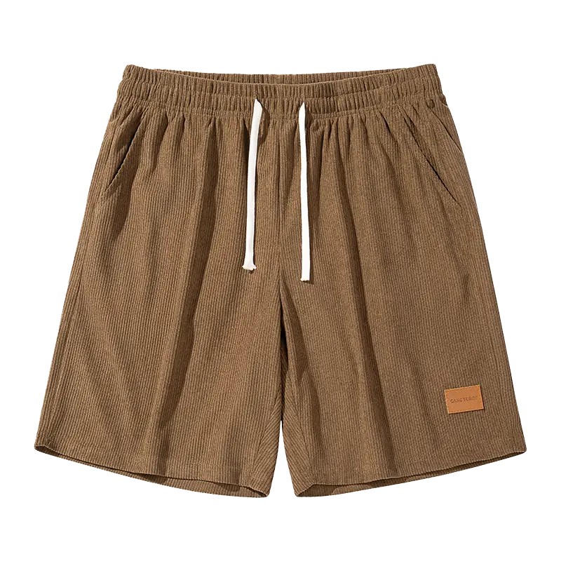 Men’s retro corduroy casual shorts, loose fit with a twill fabric design and slanted pockets; breathable, street-style straight cut suitable for relaxed city walks and outdoor activities; drawstring athletic shorts — corduroy shorts