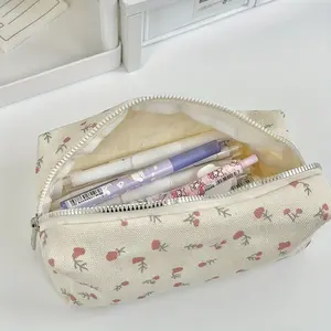 Floral Canvas Storage Bag, Large Zipper Pouch for School Supplies, Stationery, Toiletries, Multi-Purpose Organizer for Aesthetic Pens, Markers, Pencils, Travel Essentials