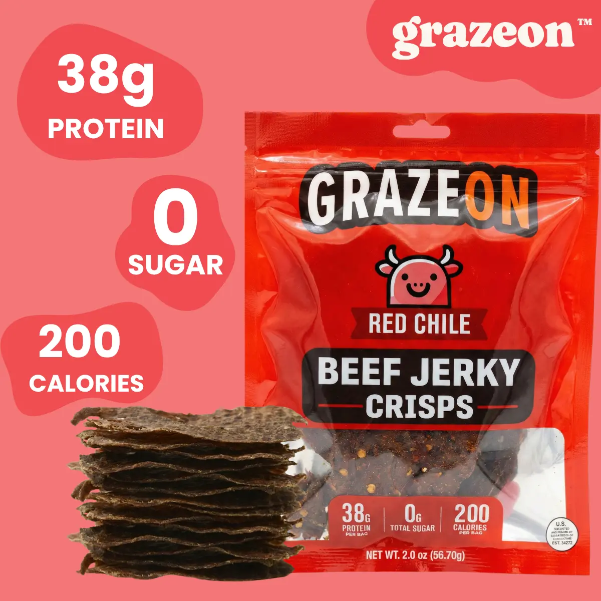 GrazeOn Red Chile Beef Jerky Crisps - Natural Dry High-Protein, No-Sugar Crunchy Air-Dried Meat Snack - 2.0 oz