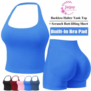 Jetjoy Workout Sets for Women 2 Piece, Workout Sets for Women 2 Piece Gym Outfits Seamless Longline Halter Backless Crop Top Scrunch Bum Shorts Tracksuit  Women's 2 Piece Workout Set Backless Halter Top & Scrunch Butt Lift Shorts Seamless Sporty Clothes S
