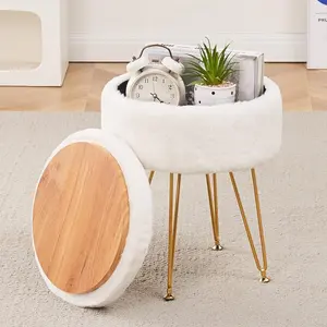 Storage Ottoman,Teddy Velvet Vanity Stool,Soft Padded Seat,Round Footrest with Removable Cover and Legs,Modern Decorative Accent Footstool or End Table for Hallway, faux fur soft
