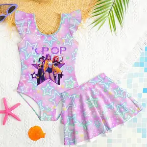 Women's K-Pop Rainbow Starry Sky Printed Swimsuit Set, Slim Fit One Piece Swimwear & Sequined Cover Up Two-Piece Bathing Suit