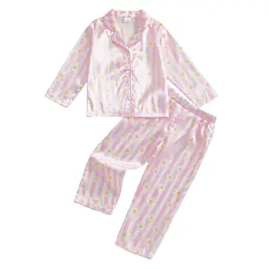 Baby Girls Satin Pajamas Comfortable Long Sleeve Turn Down Collar Daisy Print Tops with Elastic Waist Pants Lounge Wear
