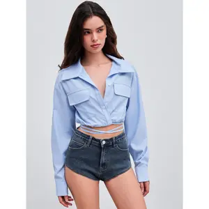 Cider [size 2-10] Woven Collar Solid Criss Cross Crop Long Sleeve Shirt Dealsforyou