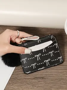 Adorned with a Delicate Pom-pom, Bow print zipper is lightweight and portable for ID cards, credit cards with multiple card slots, and women's card bags suitable for outdoor activities, travel, and returning to school