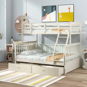 Cream Twin Over Full Bunk Bed with Storage Drawers & Ladder Solid Pine Wood Bunk Bed with Safety Guard Rails for Kids Room Spacious Design Easy Assembly Durable Wood Construction for Siblings Sleepovers Unique Bedroom Furniture