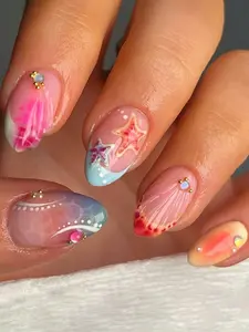30Pcs/Set Y2K Summer Colorful Ocean Element Short Almond Shaped Press-On Nails, Featuring 3D Embossed Starfish, Blue Tie Dye, Shell, Rhinestone & Gold Faux Pearl Decor, Great For Daily Wear & Beach Essentials For Girls/Ladies Nail Supplies Nails