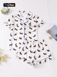 Women's Dachshund Print Knitted Shirt & Elastic Waist Shorts Pajama Two-piece Set, Casual Comfy Fitted Short Sleeve Top & Shorts Loungewear Set, Ladies Sleepwear for Summer, Womenswear