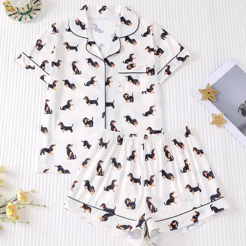 Women's Dachshund Print Short-Sleeve Top & Elastic Waist Shorts Pajama Set, Casual Comfy Loungewear Nightwear for Summer