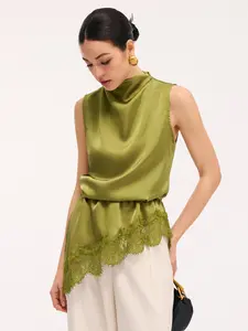 Ladies' lace satin sleeveless vest, patchwork lace lace lace fashion top, French luxury, Aesthetic light mature commuting style, bohemian style, temperament sister style, suitable for spring, summer, autumn - office, party, date light dress