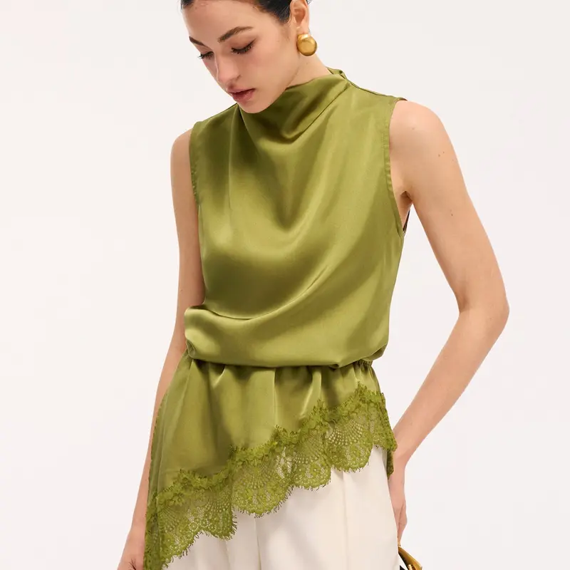 Ladies' lace satin sleeveless vest, Camisole vest, patchwork lace fashion top, French luxury, light mature commuting, casual, bohemian styles, suitable for spring, summer, autumn, office, party, date, Womenswear, Aesthetic