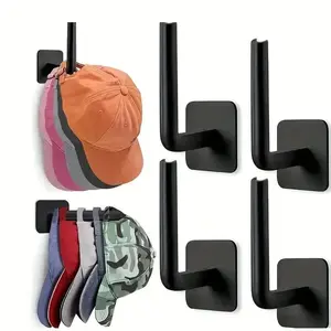 4 Piece No Drill L Shape Hat Hooks Hat Hanger Holder for Ballcaps and Cowboy Hats, Strong Adhesive Wall Mount Storage, Multi-functional and Removable, Plastic Design for Kitchen and Closet Organization