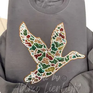 Camo Mallard Duck Hunting Sequins Patch Sweatshirt Pullover Womenswear