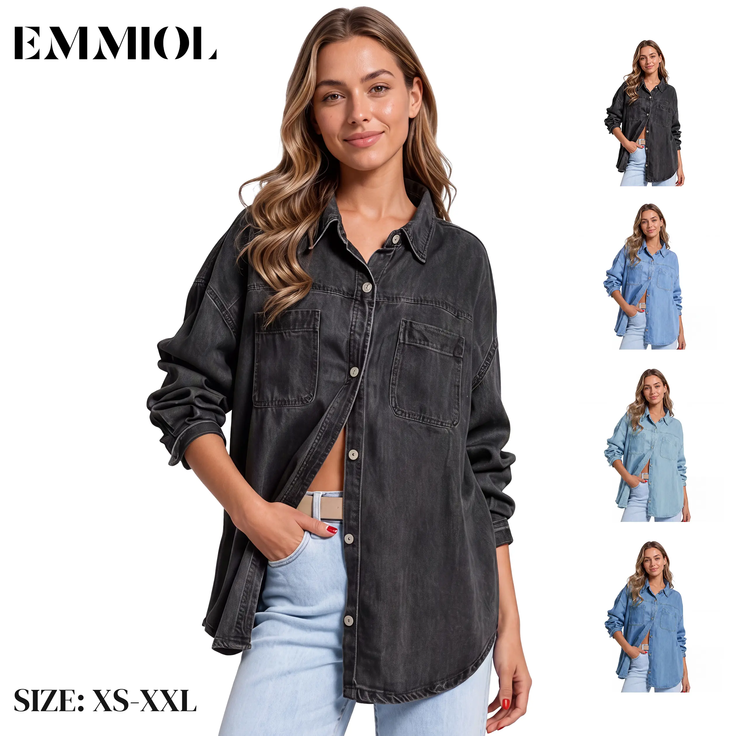 EMMIOL Women Oversized Denim Shacket, 100% Cotton Long Sleeve Button Down Jean Shirt With Pockets, Fall Winter Layering Back To School Fall New Arrival Outfits