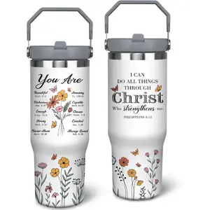 Women's 30 oz Reusable Portable Floral Print Stainless Steel Insulated Christian Tumbler with Handle and Lid, White Religious Faith Bible Water Bottle, Inspirational Kitchenware Drinkware, Water Bottle For Women