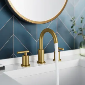 FORIOUS Gold Bathroom Faucet with Metal Overflow Drain 3 Hole 2 Handles Widespread Bathroom Sink Faucet 360° Swivel Toilet Sink Basin Faucet Water Tap