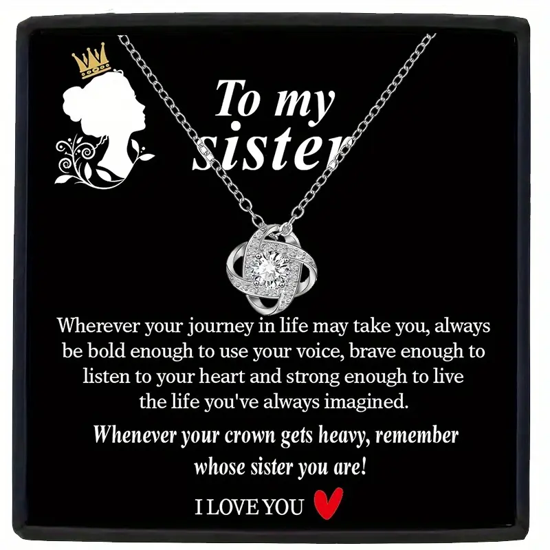 to My Sister Love Knot Necklace - Y2K Bohemian White Golden Plated Synthetic Stone Jewelry with Inspirational Card & Gift Box, Birthday Wedding Christmas Valentine's Day Gift for Women, Sentimental Keepsake, Stylish Accessory, Fine Craftsmanship, Keepsake