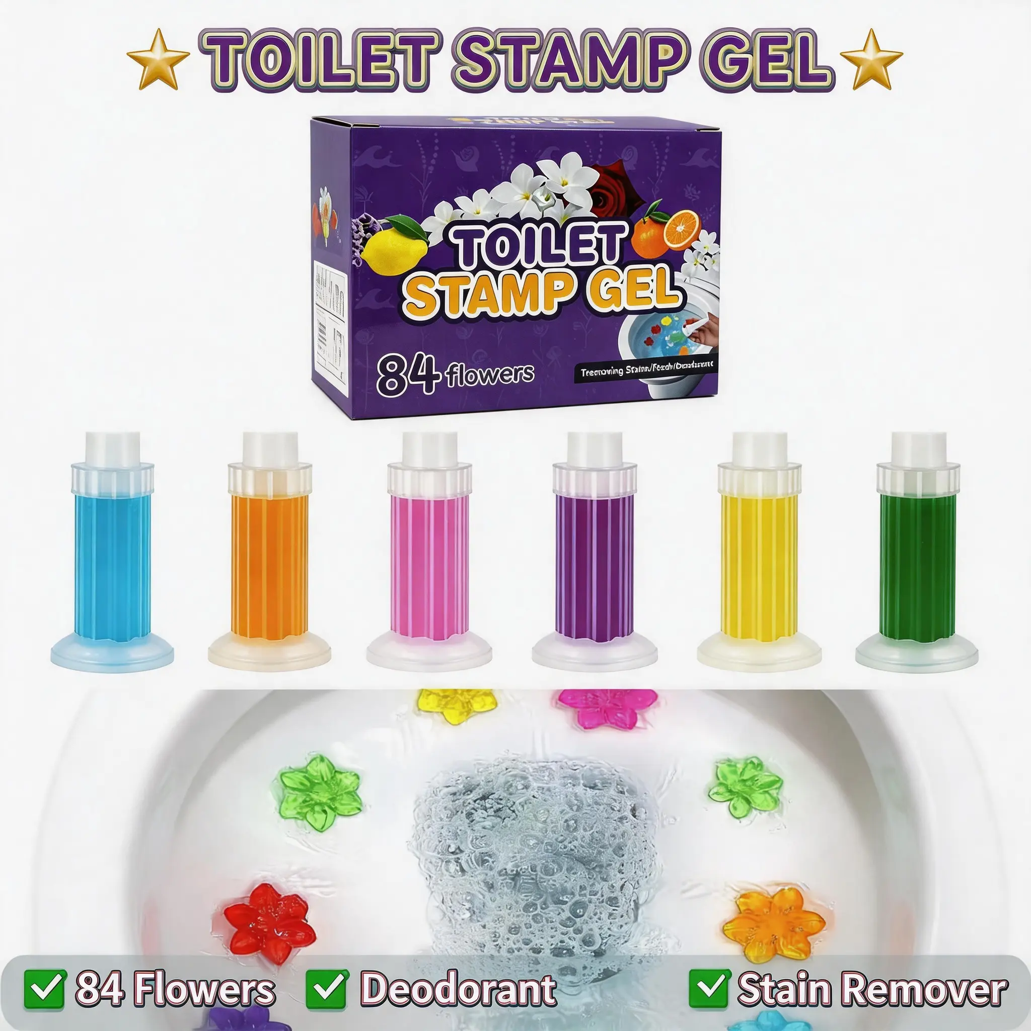 48-Flower Toilet Stamp Set – 6 Scents, Fun Bathroom Gift Idea, Long-Lasting Fresh Clean