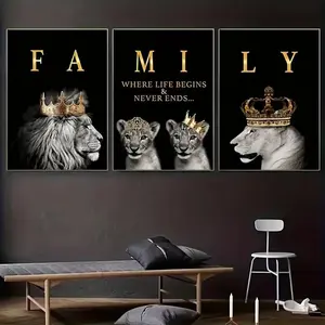 Modern Abstract Lion Wall Art Set, 3-Piece Wooden Frame Decorative Paintings, Home Motivational Quotes, Living Room Animal Decoration, Quote Prints