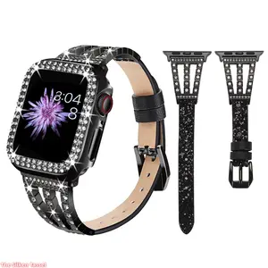 Diamond-Encrusted Metal & Flash Star Leather Watch Band With Protective Case, Luxury Replacement Bracelet Compatible with Apple iWatch All Series (Strap + Case Only)
