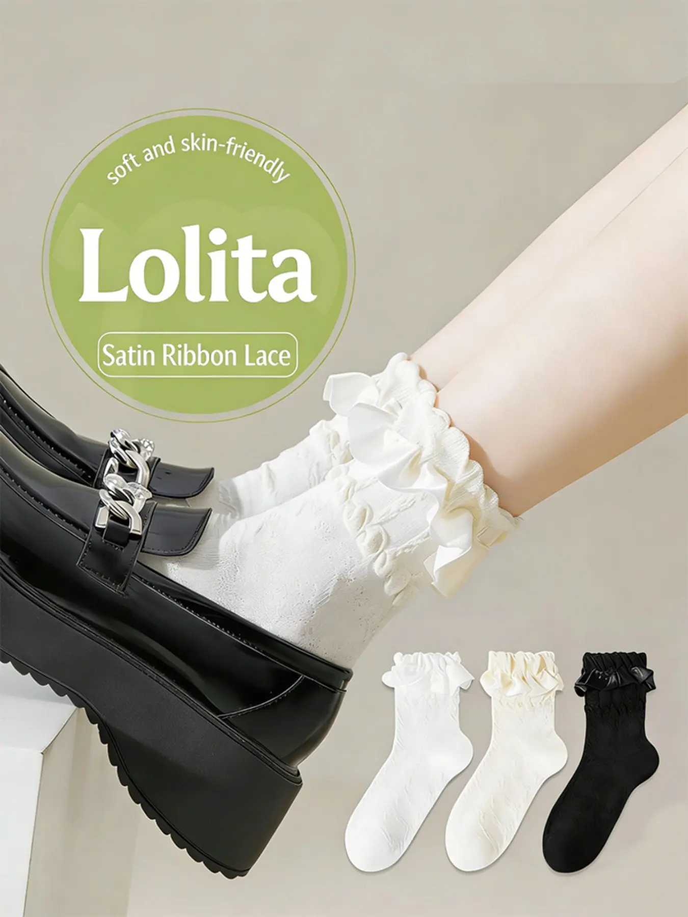 3 Pairs of Women's Vintage Ruffled Lace Mid-Calf Socks – Delicate ruffled lace craft, vintage palace style, flattering for ankle lines, perfect with loafers for an elegant look