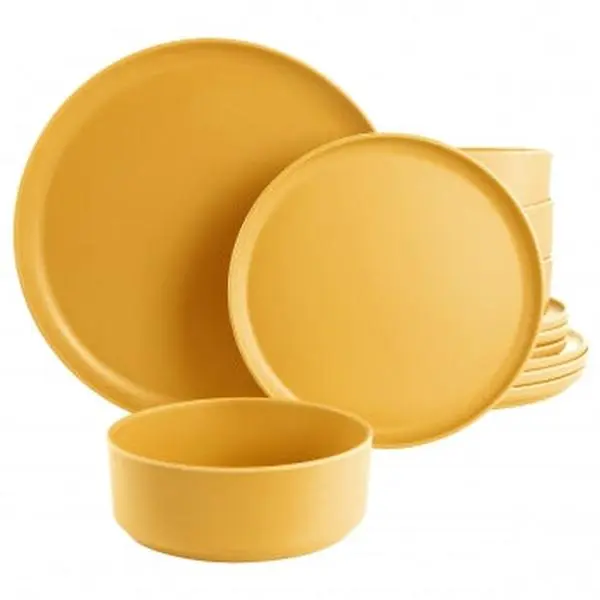 Gibson Home 12-Piece Round Melamine Tableware Set, BPA-Free Shatterproof Yellow Kids Dinnerware Plates for Everyday Use & Annual Festivities