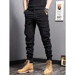 Men’s plain cargo jogger pants with button pockets, regular fit street fashion casual style, slanted front pockets, drawstring waist—woven bottoms for all seasons, suitable for daily wear.