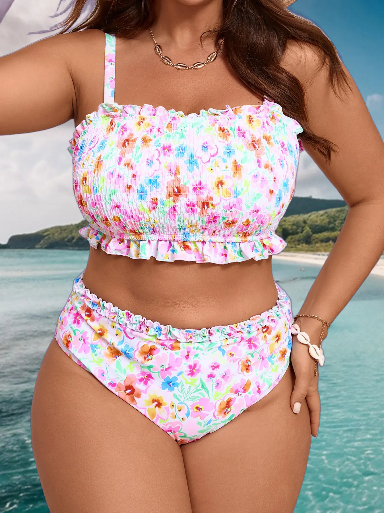 High Waisted Bathing Suit for Women, 2-Piece Floral Print Women's Swimsuits with Smocked Top and Ruffle Bikini Bottoms for Plus Size, Swimsuit For Women