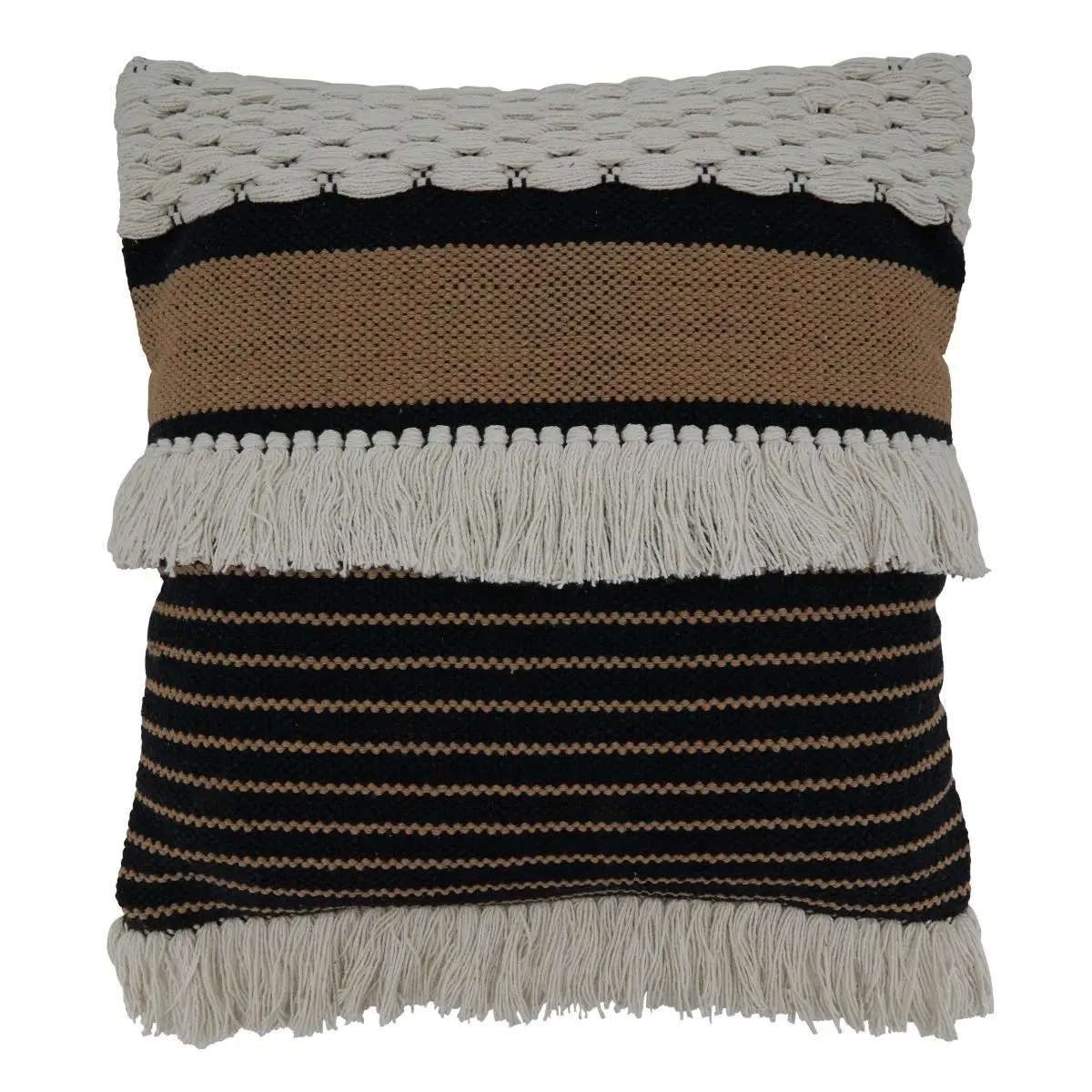 Saro Lifestyle 5224.BW20SD Fringe Cotton Fiber Woven Square Pillow - 20 in., Down-Filled, Black & White