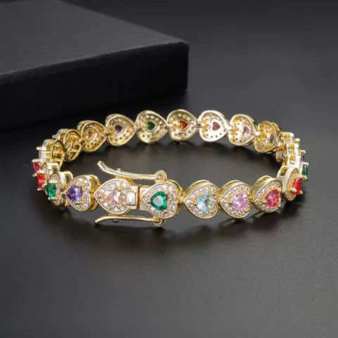 Iced Chics Colorful Heart Hand Chain, Elegant and Luxurious Heart Shaped Bracelet, Exquisite Bracelet, Bracelet Jewelry, Perfect Gift for Mom and Partner, Fashionable and Stylish Accessory, Copper Chain Bracelet, Jewelry Bracelets