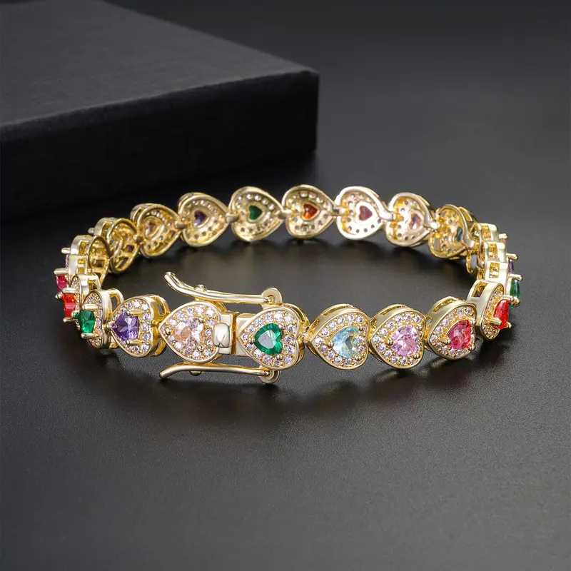 Iced Chics Colorful Heart Hand Chain, Elegant and Luxurious Heart Shaped Bracelet, Exquisite Bracelet, Bracelet Jewelry, Perfect Gift for Mom and Partner, Fashionable and Stylish Accessory, Copper Chain Bracelet, Jewelry Bracelets